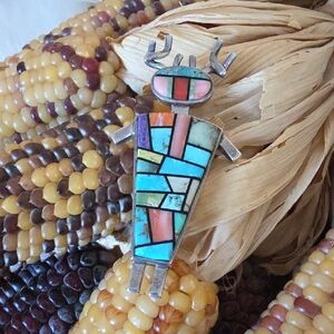 Fantastic Vintage Native American Gemstone Inlaid Elk Man Pendant/Pin 🩵🦌💜